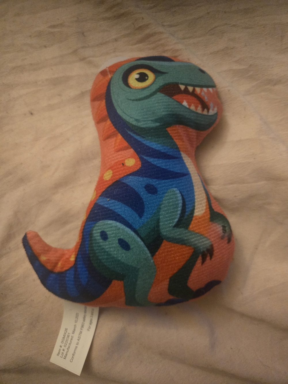 Plush Dinosaur Toy - Orange & Blue Soft Rattle for Kids